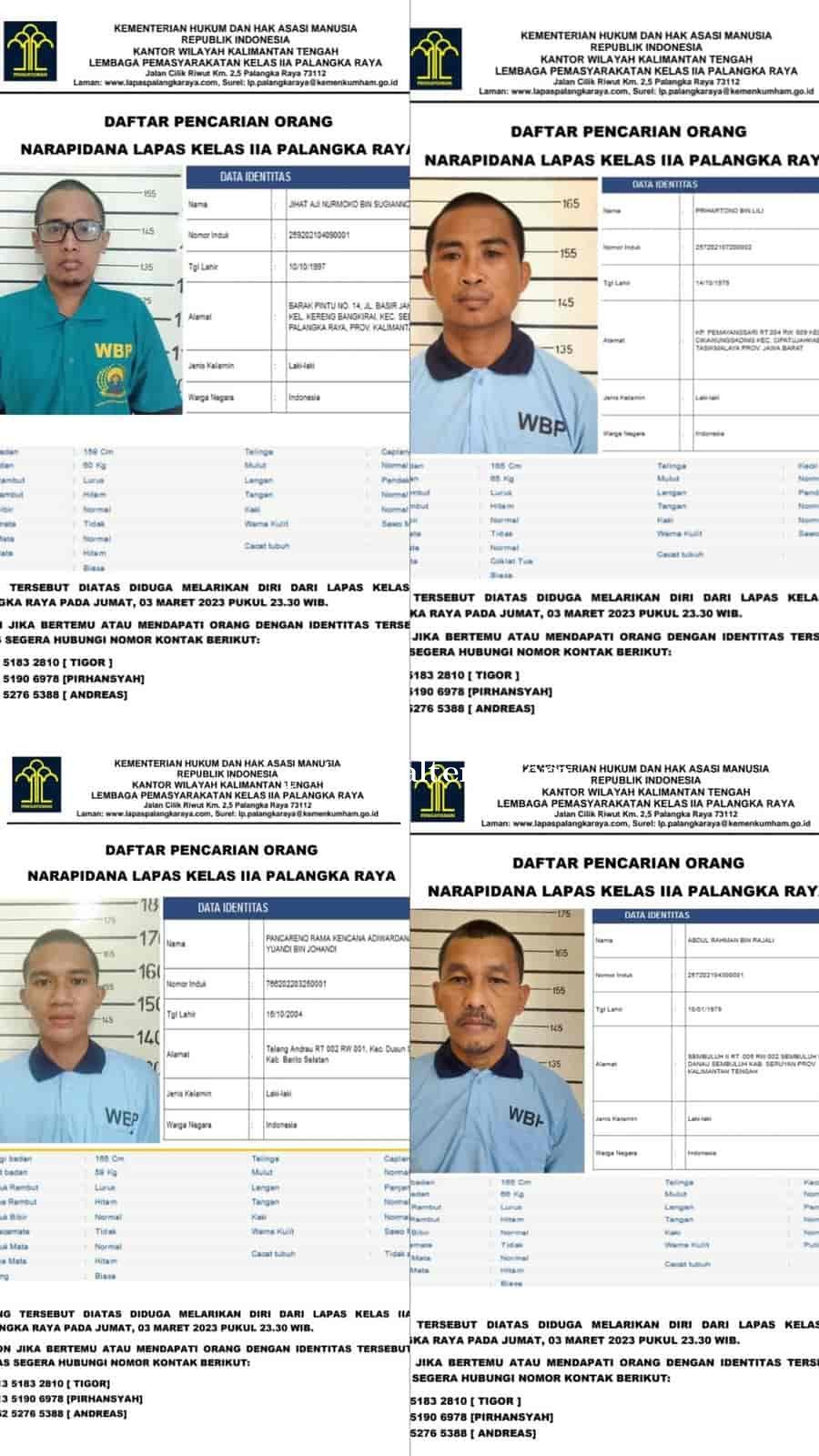 Heboh, 4 Napi Dalam Kasus Pembunuhan, Perampokan Kabur dari Lapas Kelas IIA Palangka Raya